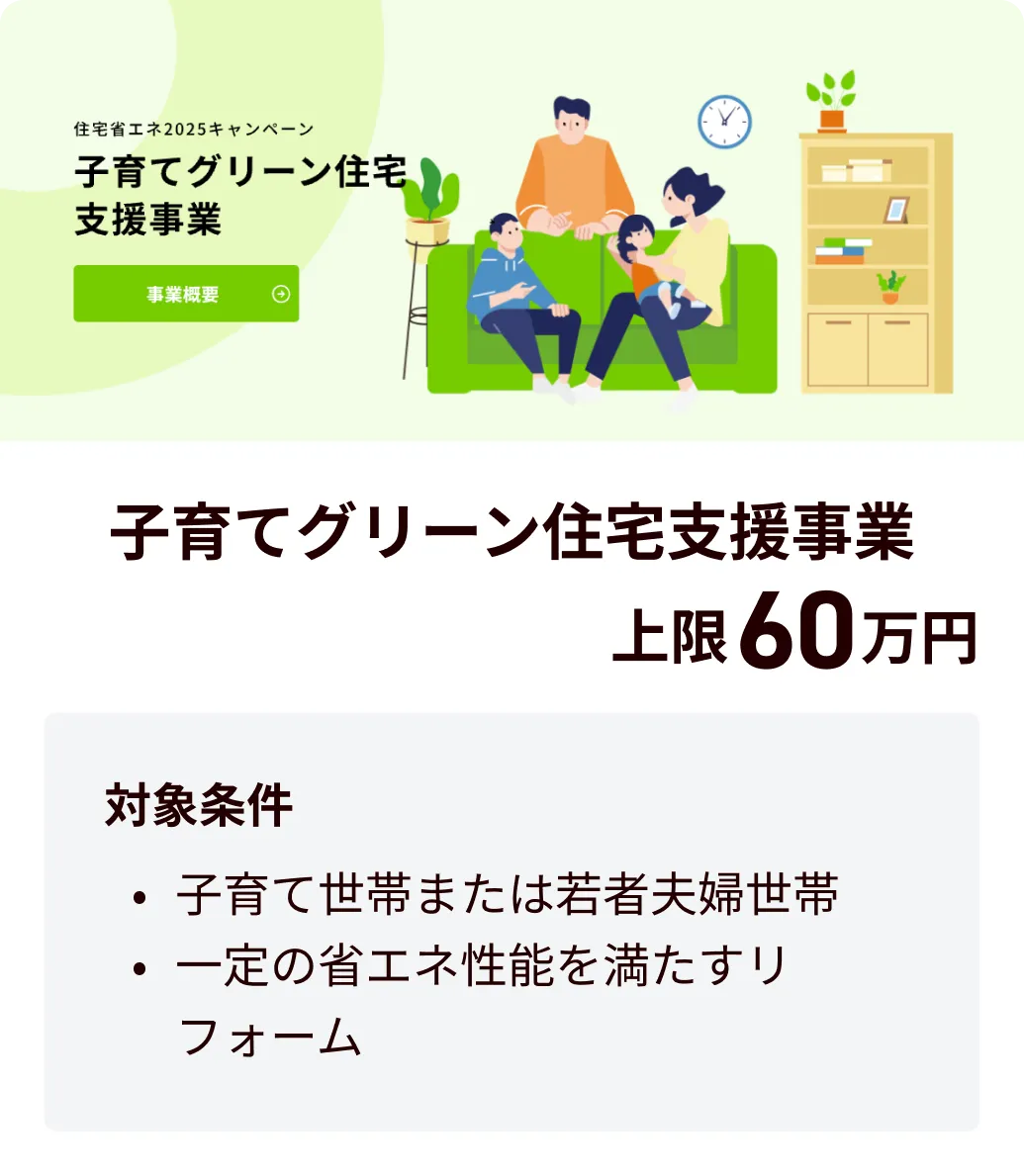 子育てグリーン住宅支援事業上限60万円 対象条件 子育て世代または若者夫婦世帯